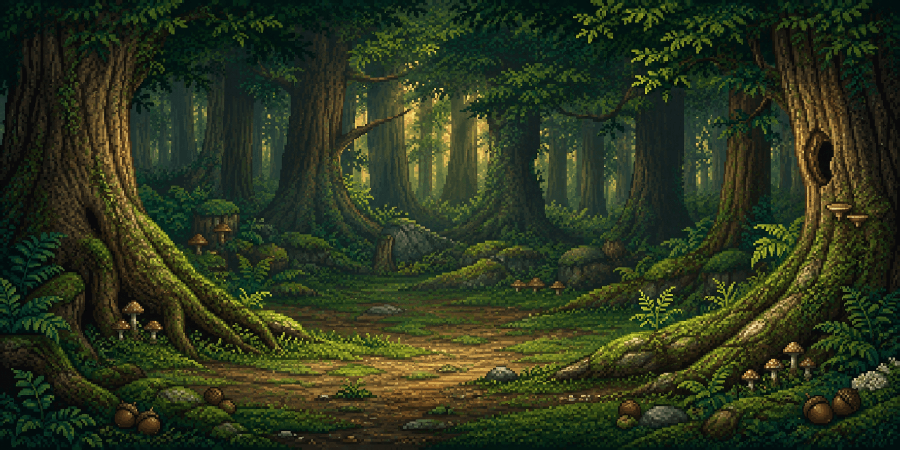 A quiet pixel-art clearing in the Nibbles forest